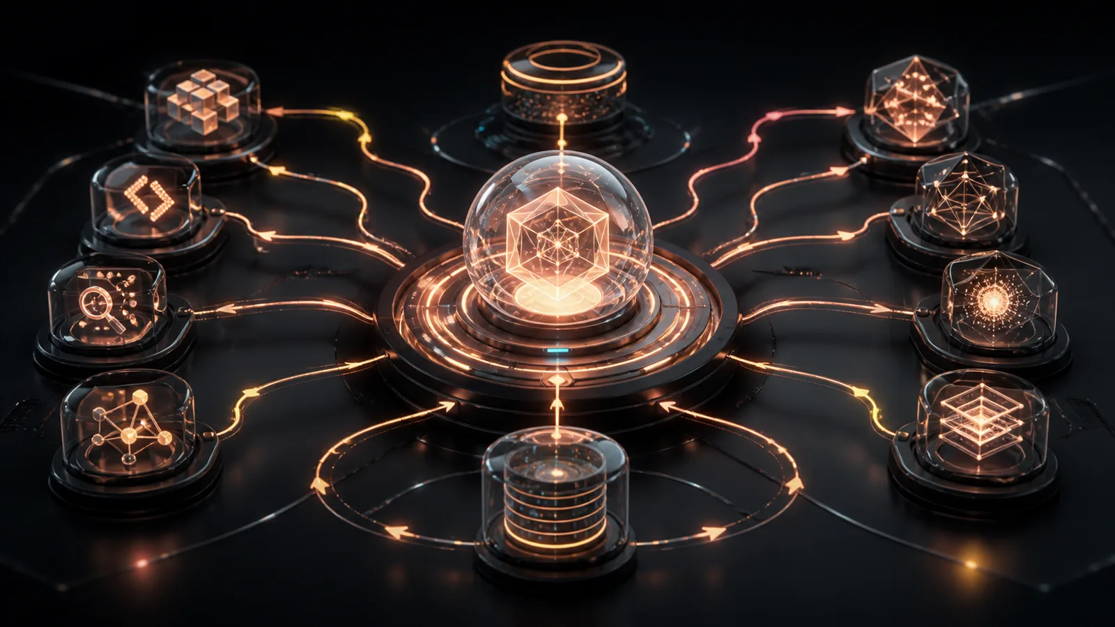 A glowing autonomous agent core coordinating tools, memory, and multiple AI model routes
