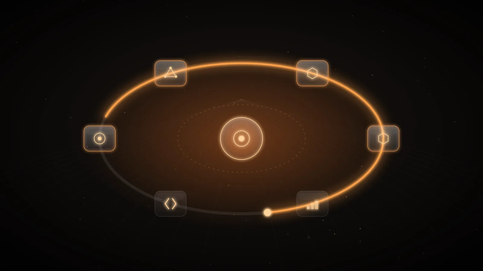 An amber arc tracing most of the way around a glowing elliptical loop on a dark ground, with small glass pods spaced along the ring and a lit hub at its centre
