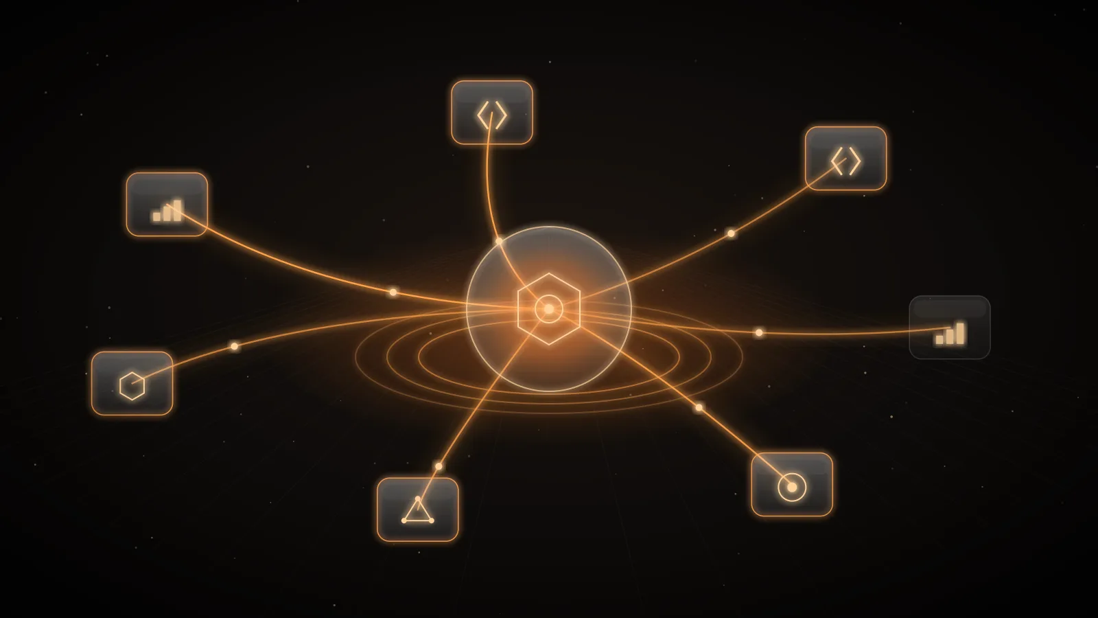 Dark ground with amber light passing through three clusters of glass nodes, one funnelled through a single hub, one ringed by a private wall, one fanning out to separate accounts