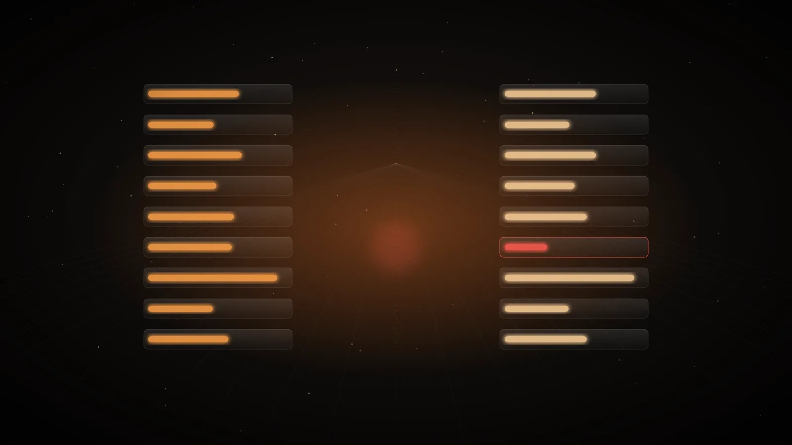 Two columns of amber glass rows on a dark ground, compared side by side, with one row marked in red
