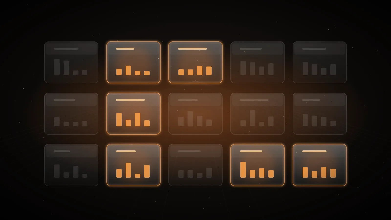 A grid of dark glass cards with small bar charts, a few of them lit amber, on a dark ground