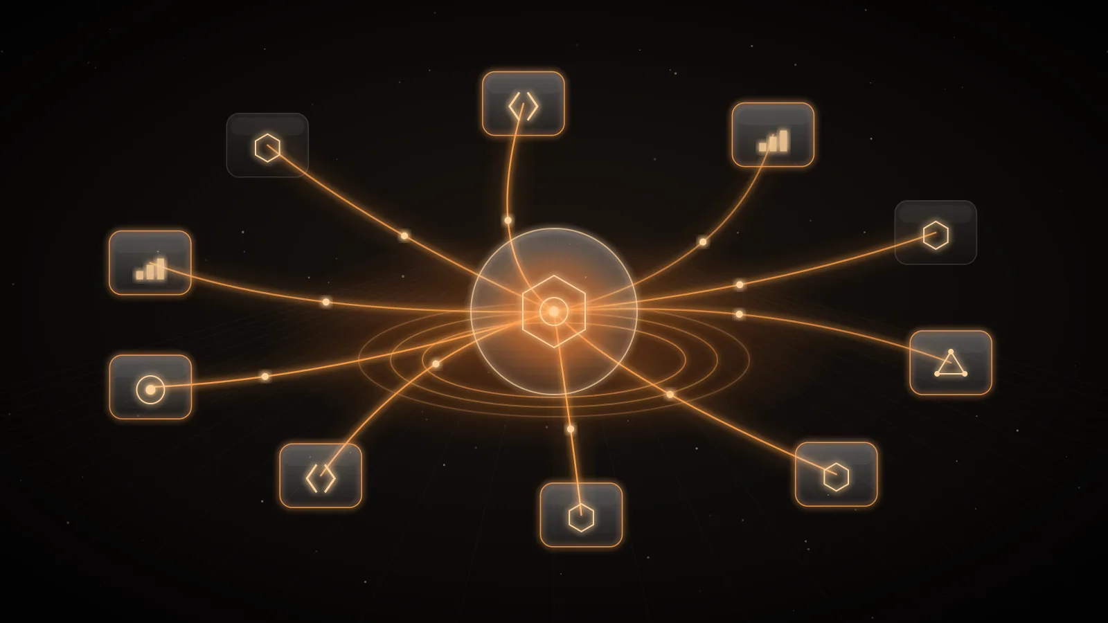 A glowing glass hub on a dark ground with amber lines running out to small glass nodes around it