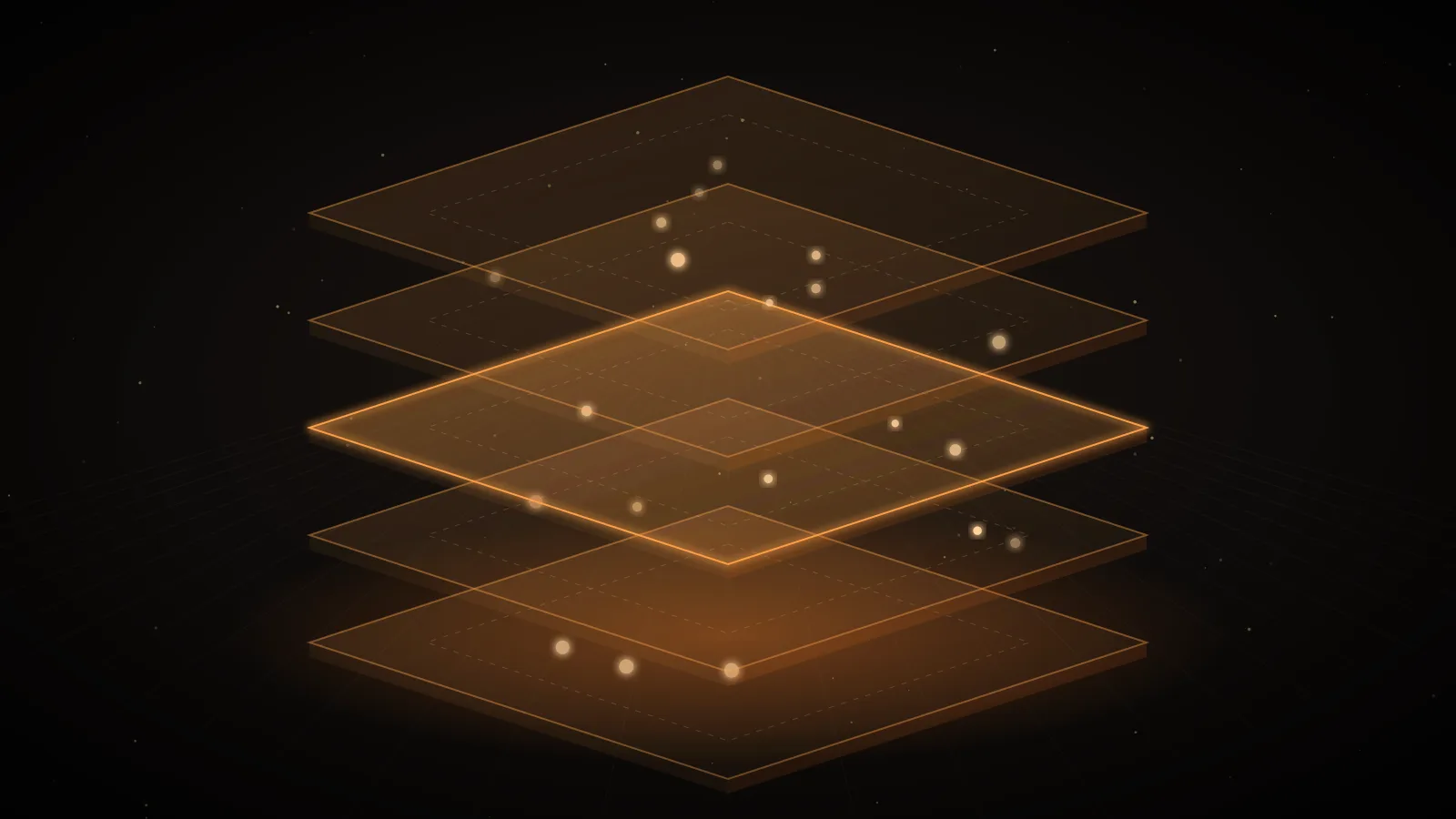 A stack of translucent amber glass layers on a dark ground with small points of light drifting through them