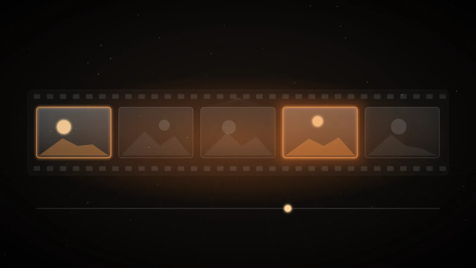 A strip of glass frames on a dark ground, two of them lit amber, above a thin timeline with a single point of light