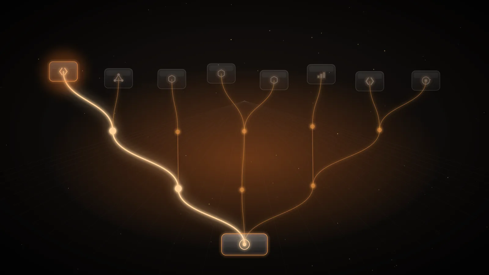 A single small amber node on a dark ground with three faint paths branching from it toward distant glass nodes, representing a solo product growing into several providers
