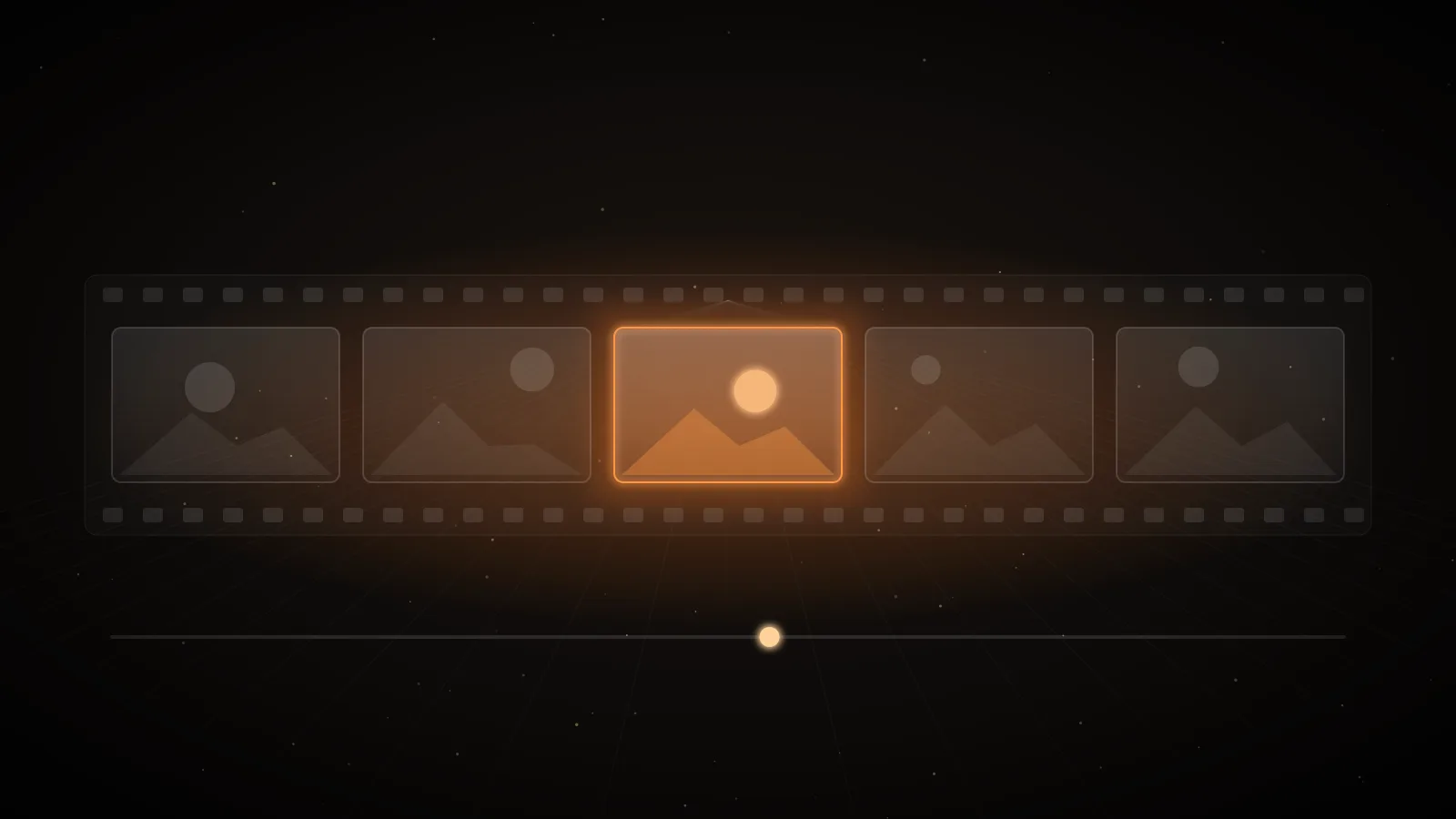 A row of glowing amber media frames like a film strip on a dark ground, representing image generation models