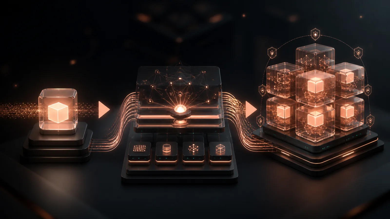 A compact startup product stack expanding cleanly through one luminous AI infrastructure layer