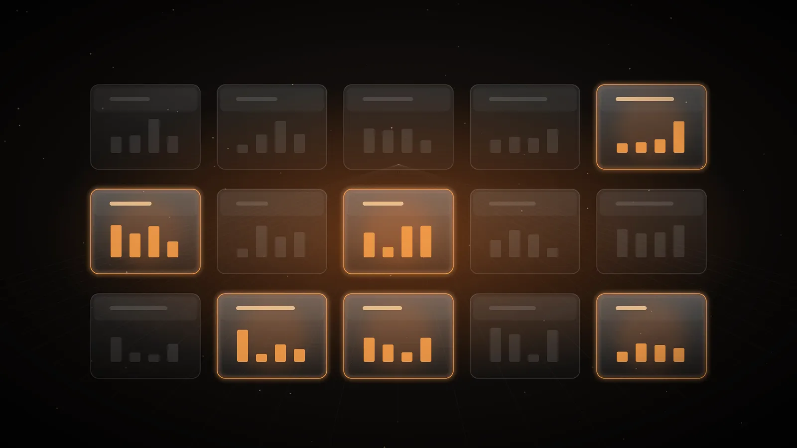 A dark grid of small amber cells, some glowing and some fading out, read left to right like a calendar