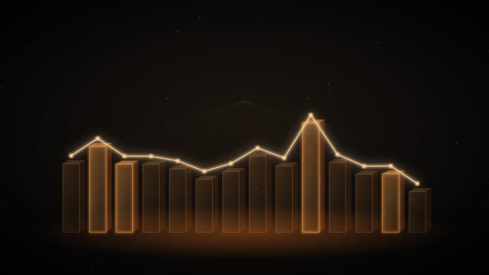A row of amber bars on a dark ground that steps up partway along, the later bars twice the height of the earlier ones