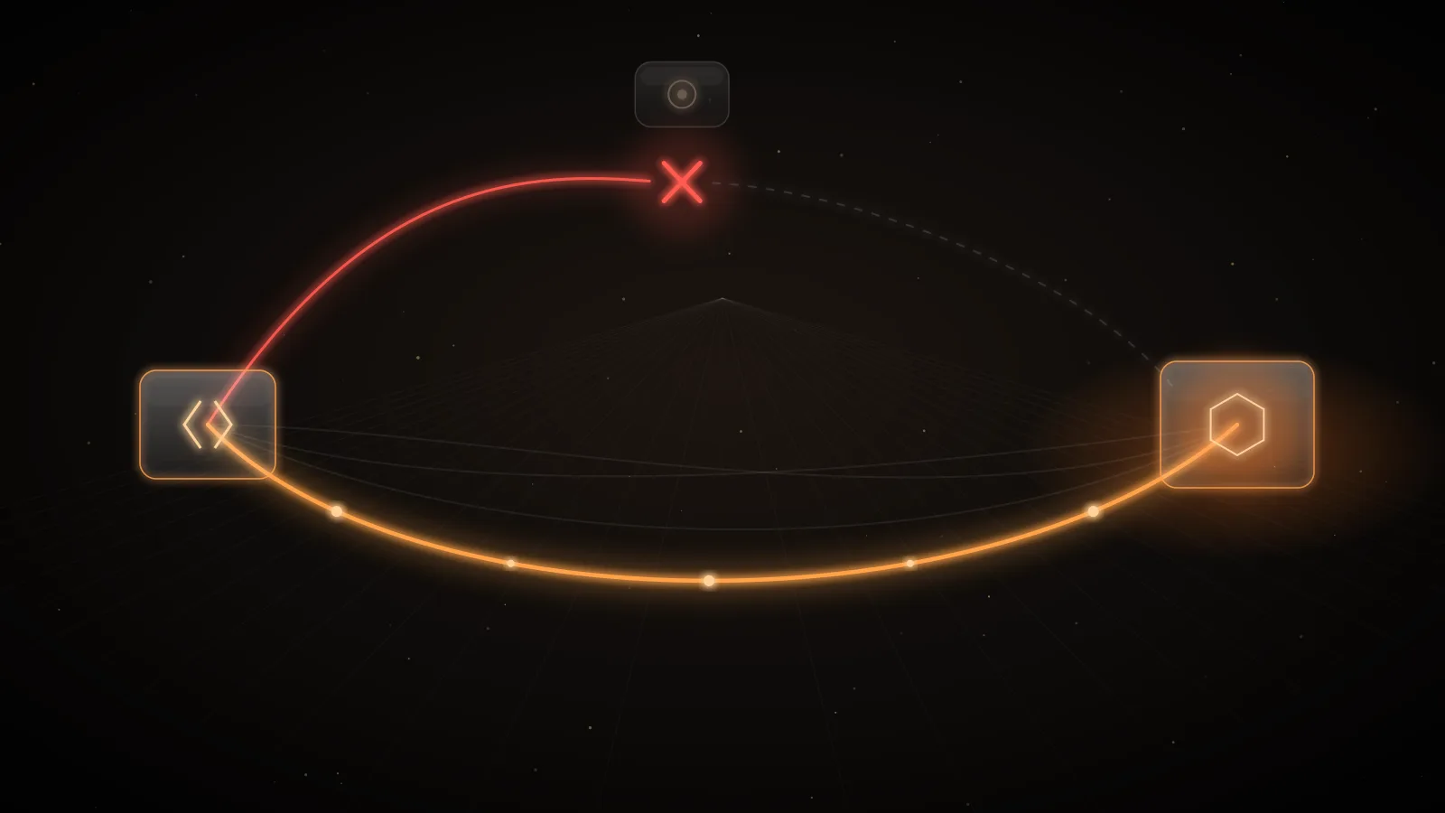 An amber arc between two glass nodes on a dark ground, beside a red path that breaks at a cross