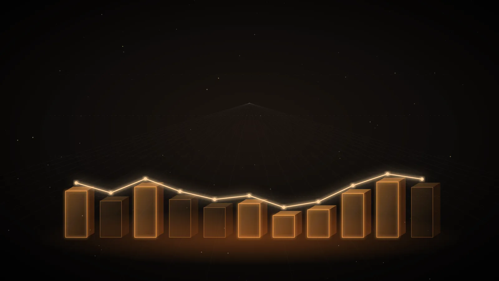 Amber bars of rising and falling height on a dark ground, a thin line tracing a different path across their tops
