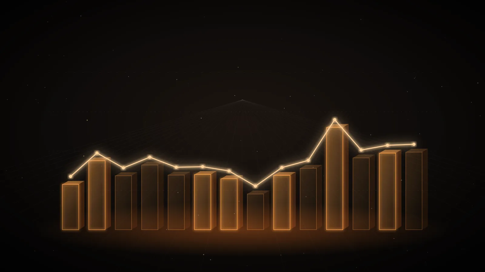 Four small amber lights in a row on a dark ground, one brighter than the others, above faint horizontal lines like the rows of a report