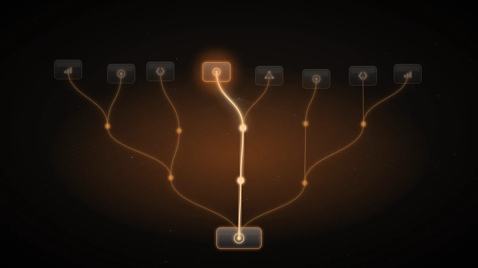 Glowing amber lines branching upward from one glass node to many small nodes on a dark ground, one path lit brighter than the rest