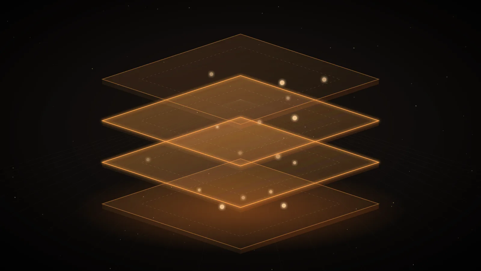 Stacked glowing amber plates on a dark ground, one layer lit brighter than the rest, with dotted lines running through the stack