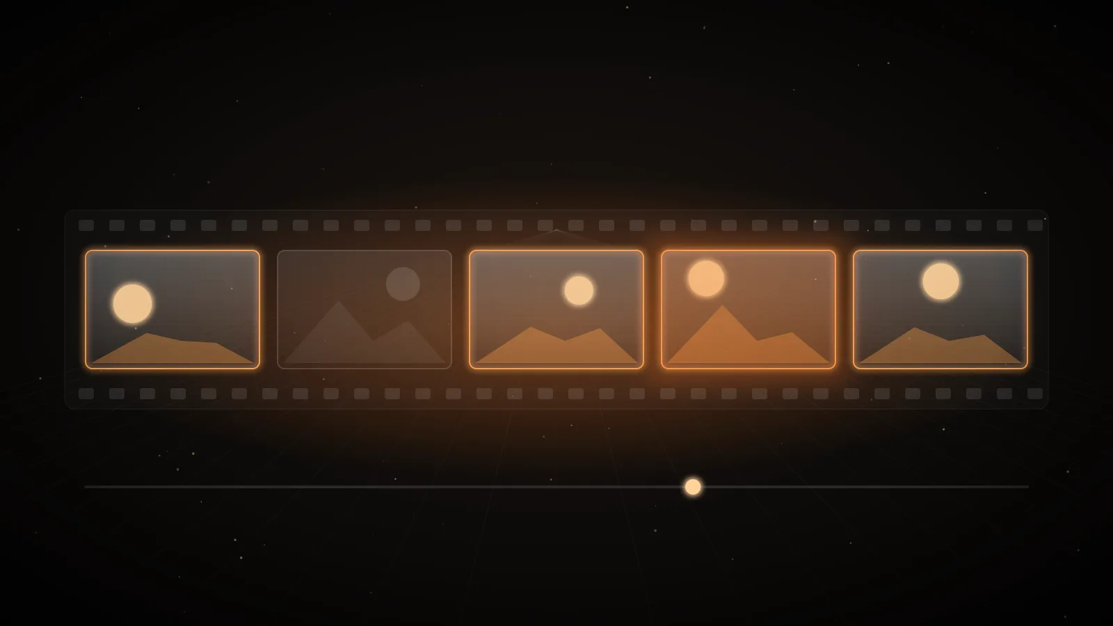 A row of glowing amber media frames like a film strip on a dark ground, representing asynchronous AI media jobs
