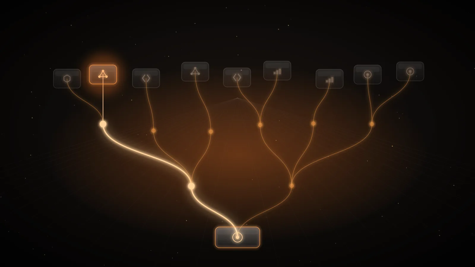 A branching amber tree of glowing paths splitting from one root on a dark ground, representing the choice between batch and synchronous LLM calls