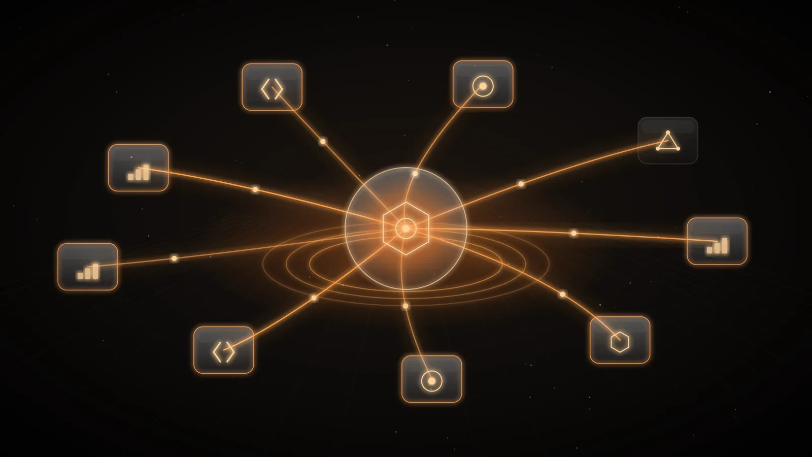 A dark ground with three clusters of glass nodes, each joined by amber light paths of a different shape, representing three kinds of AI routing
