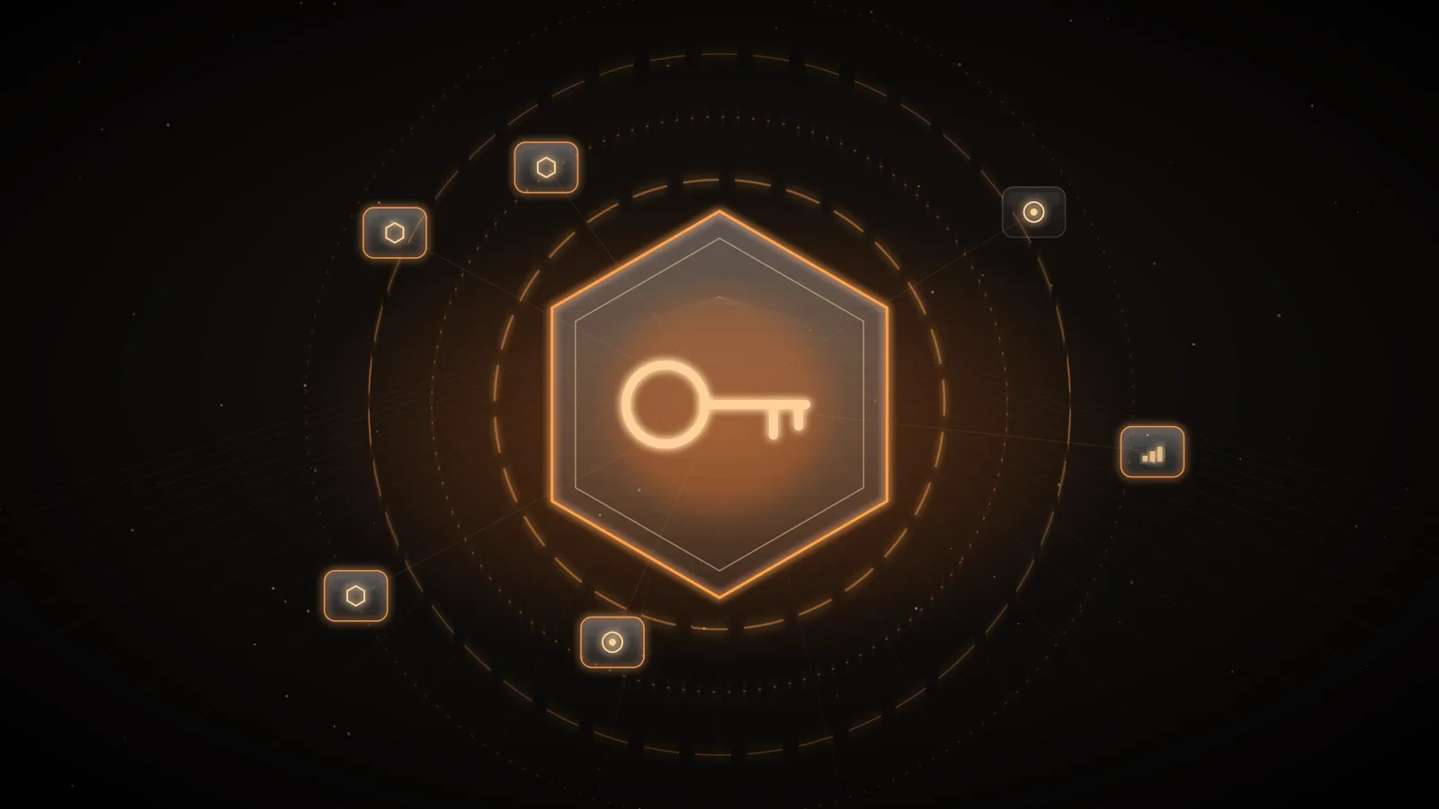 An amber shield outline on a dark ground, its surface divided into a grid of fifteen small cells, some lit and some dark