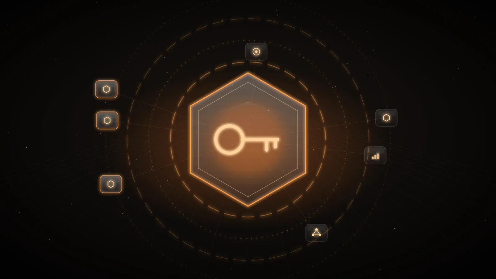 An amber key inside a glowing glass hexagon on a dark ground, ringed by dashed orbits and small glass nodes