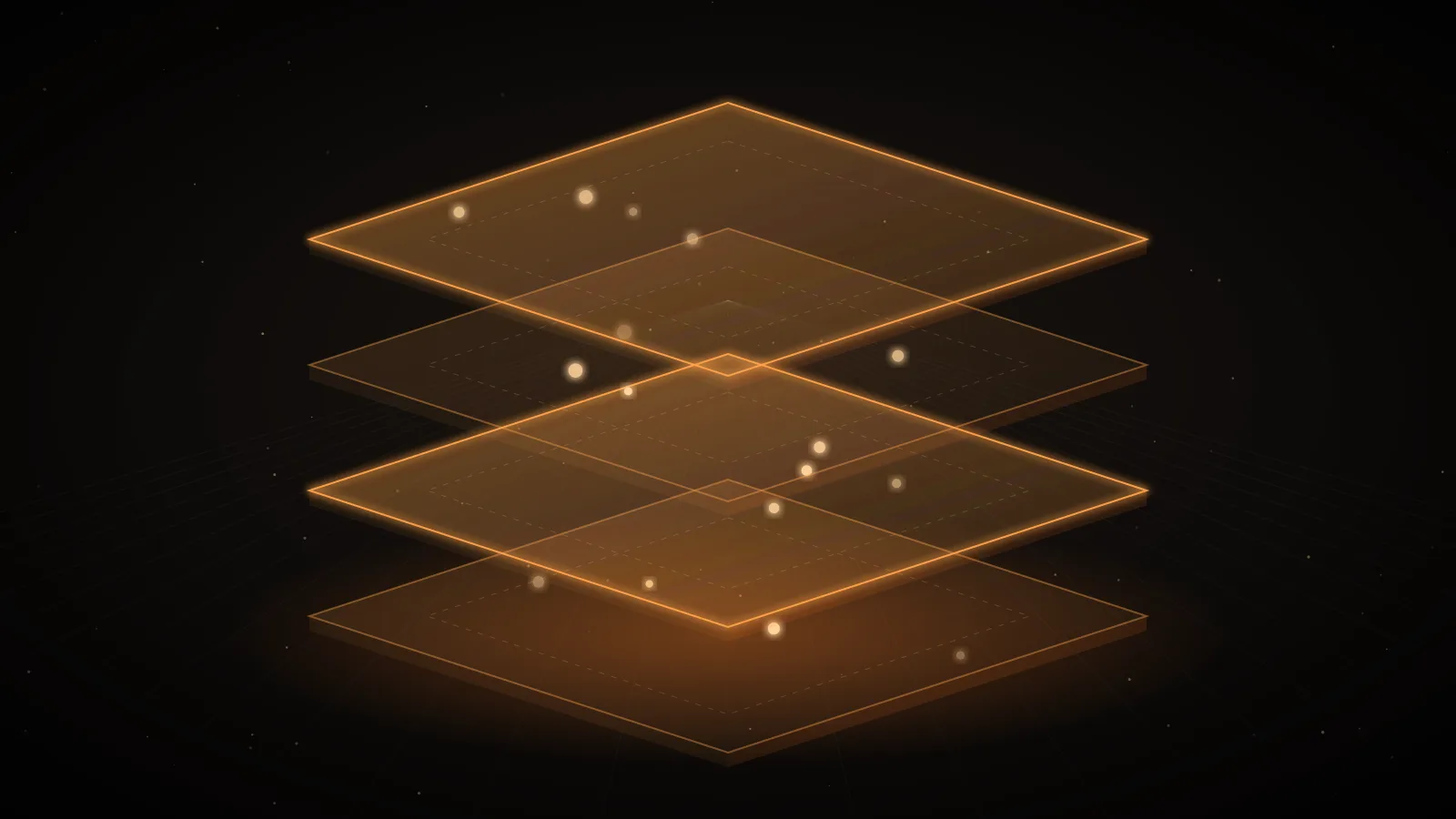 Stacked translucent amber layers on a dark ground, two separate paths entering the top layer and passing down through the stack