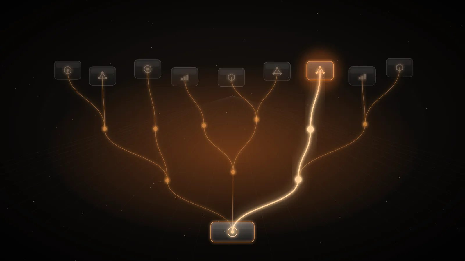 Glowing amber lines branching upward from one glass node to many small nodes on a dark ground, one path lit brighter than the rest