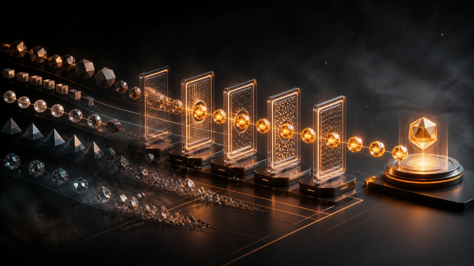 Multiple abstract AI models passing through a rigorous illuminated evaluation course