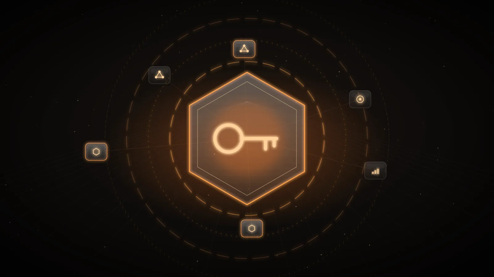 Several amber keys of light on a dark ground, each held in its own narrow slot, one dimmed to show it is switched off