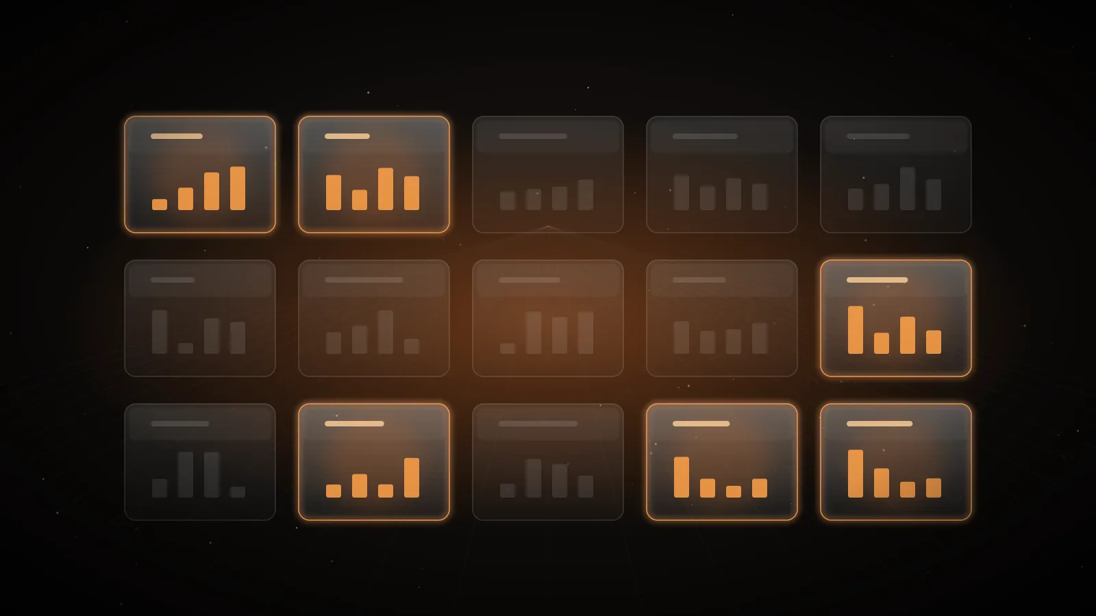 A grid of dark glass cards with small bar charts, a few of them lit amber, on a dark ground