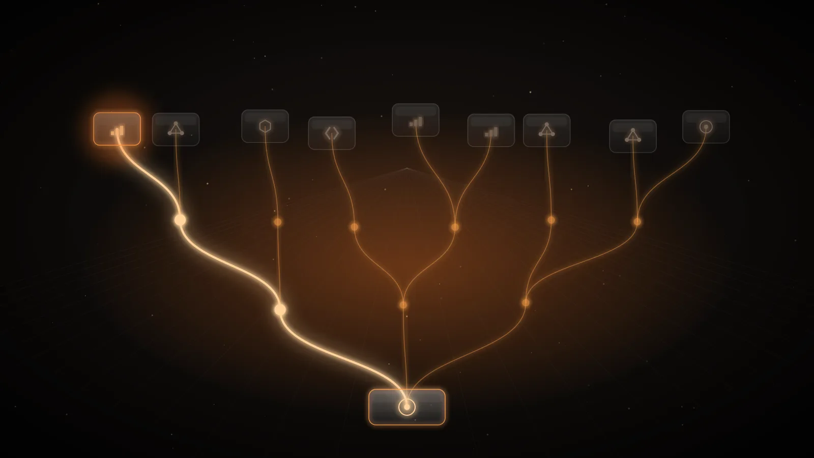 A branching amber tree of glowing paths splitting from one root on a dark ground, representing routing tasks across GPT-6 model tiers