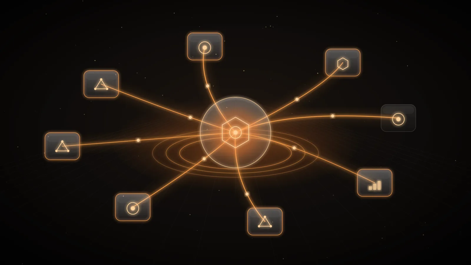 An amber line on a dark ground leaving a dimmed glass node and arriving at a brighter one, representing a planned migration between platforms