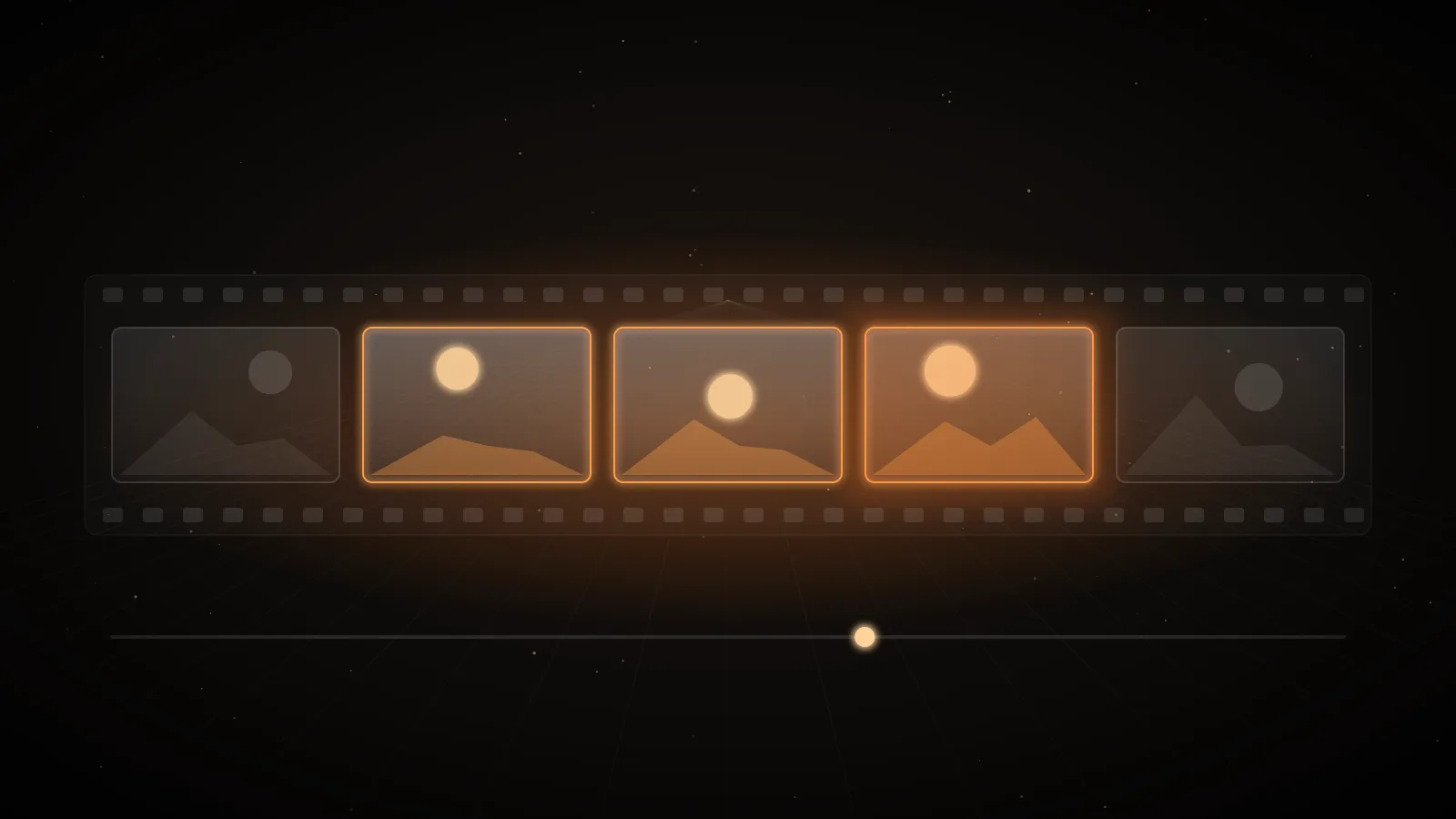 Amber frames of light arranged in a loose row on a dark ground, one frame brighter than the others, suggesting takes laid out for a choice