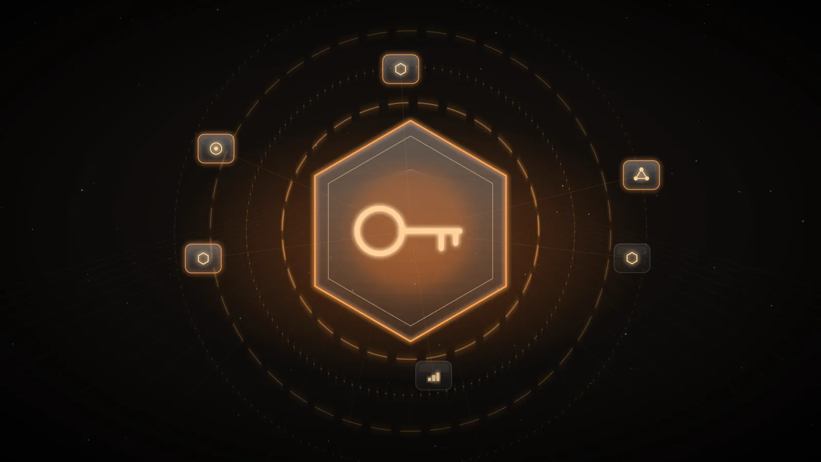 An amber key inside a glowing glass hexagon on a dark ground, ringed by dashed orbits and small glass nodes