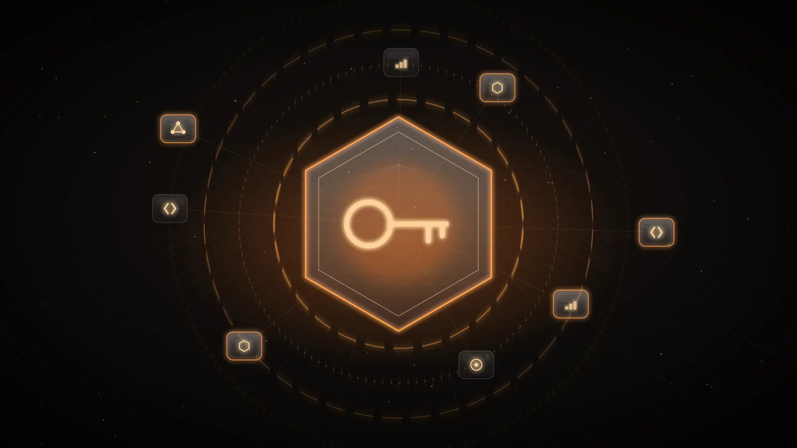 A hexagonal amber shield outline around a key mark inside concentric rings on a dark ground, representing an LLM gateway threat model