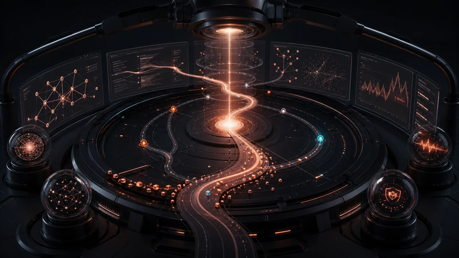 A dark operational observatory showing glowing traces, latency signals, and cost telemetry around AI requests