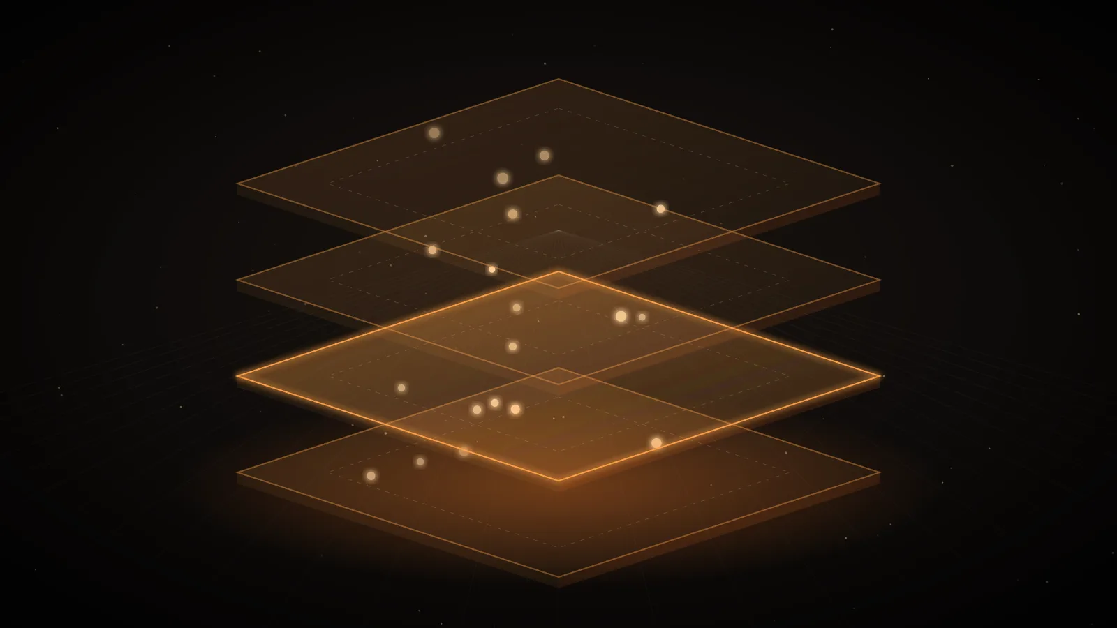 Stacked translucent isometric plates joined by glowing amber connectors on a dark ground, representing layers of an LLM logging policy
