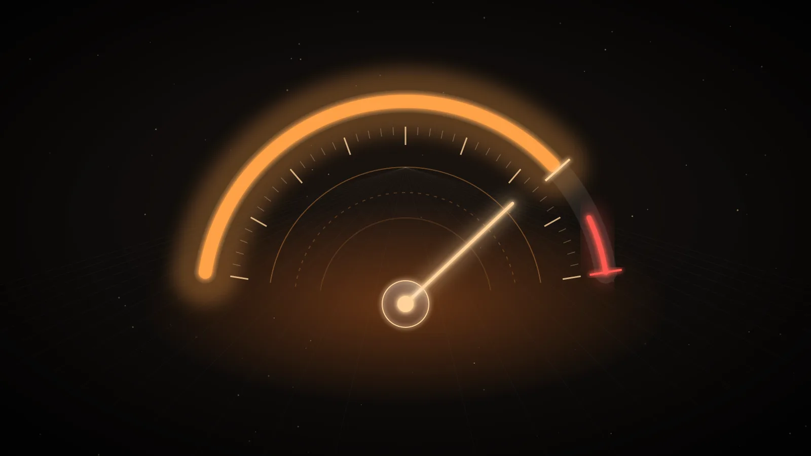 A semicircular gauge on a dark ground, its needle resting between a dim lower arc and a bright upper arc