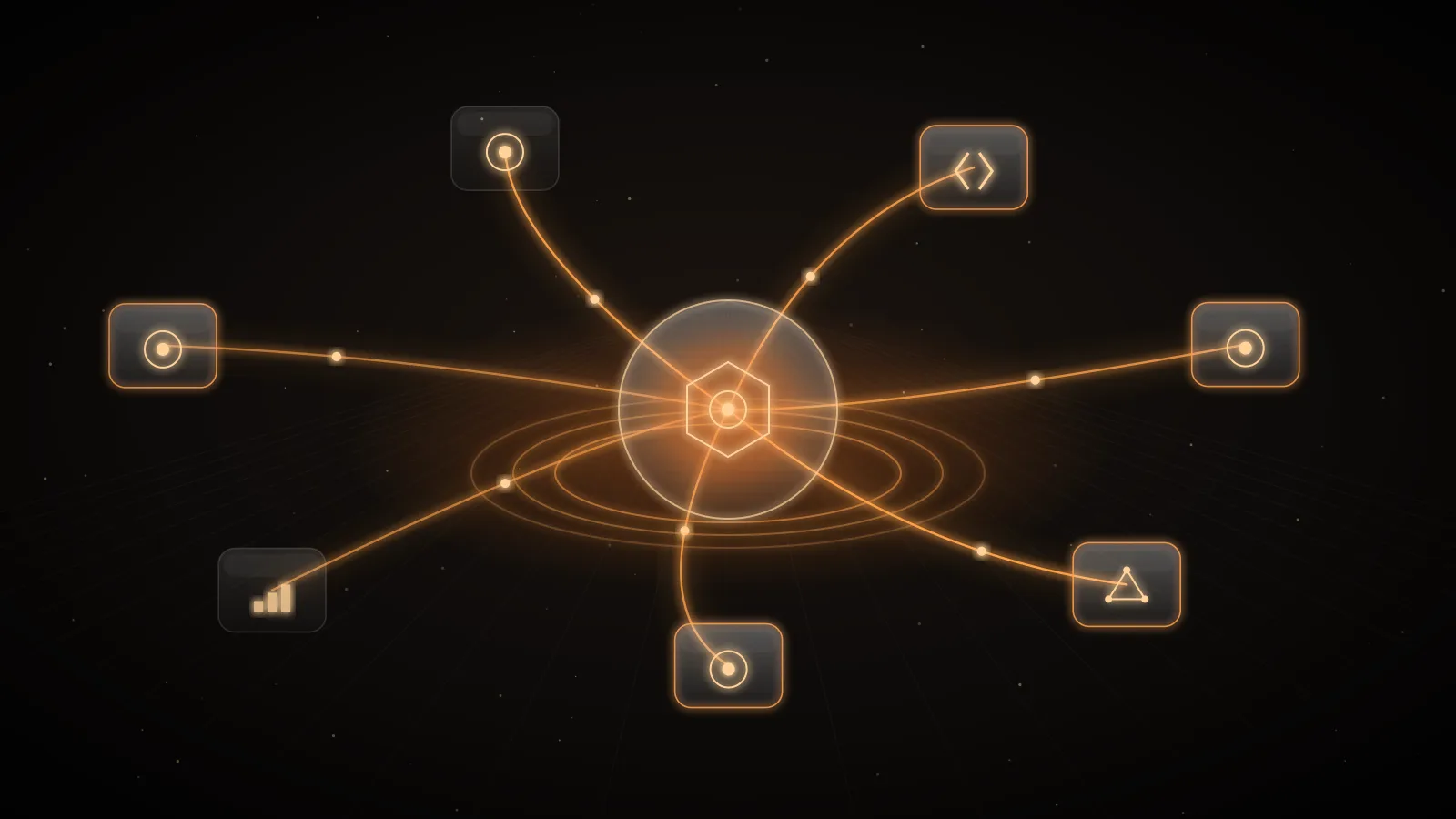 A single amber gate of light on a dark ground, with thin lines fanning out behind it to a ring of small dim nodes, representing one governed entry point to many tool servers