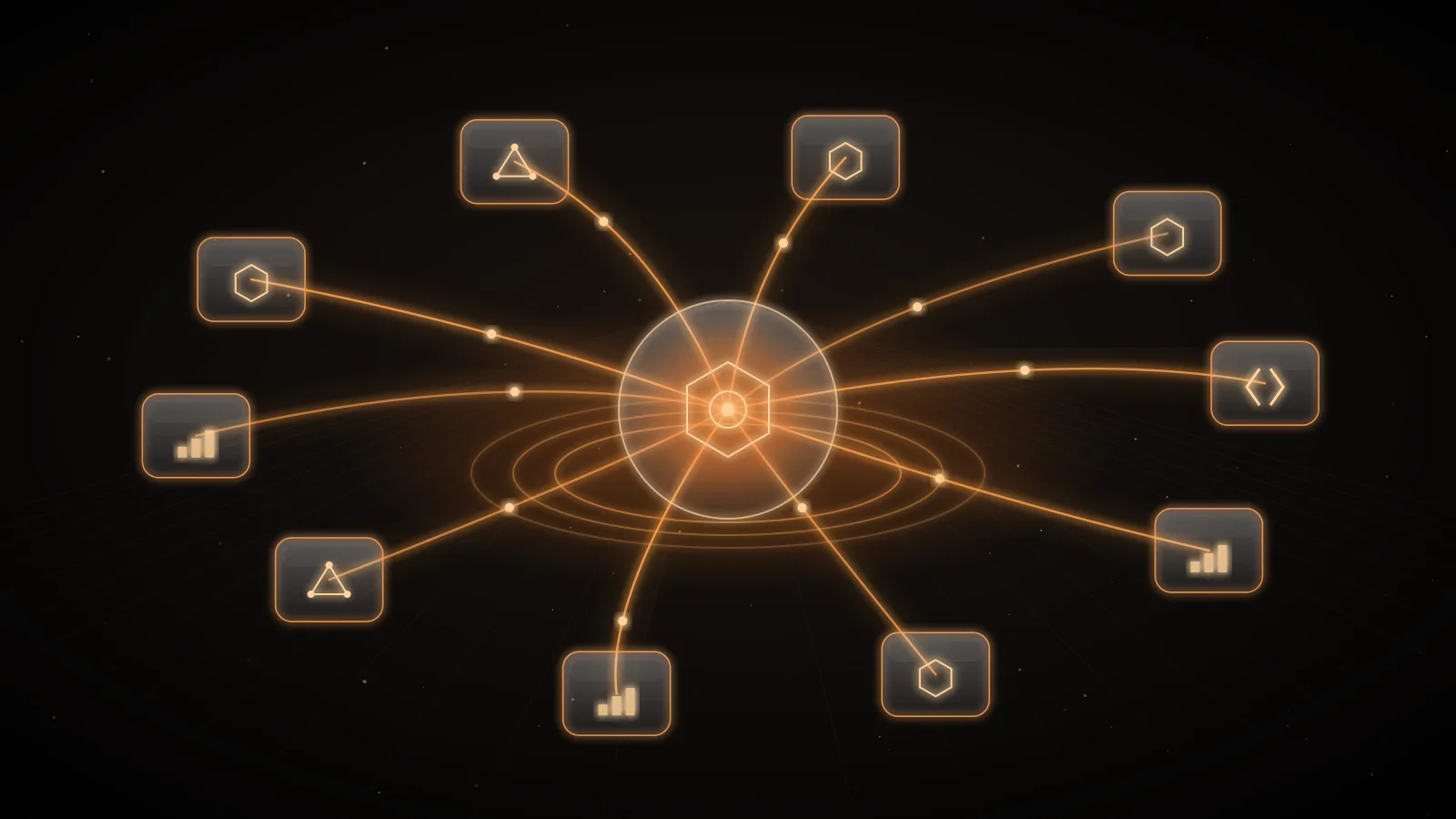 Glowing amber request paths radiating from a central hub node to surrounding nodes on a dark ground, representing MCP tool calls