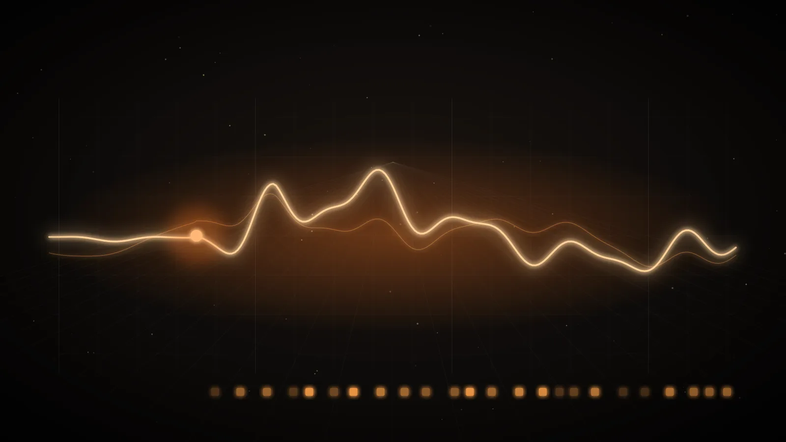 An amber signal waveform flowing across a timeline grid on a dark ground, representing time to first token