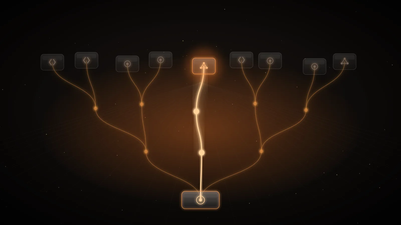 A branching amber tree of glowing paths splitting from one root on a dark ground, representing a migration from a retiring model