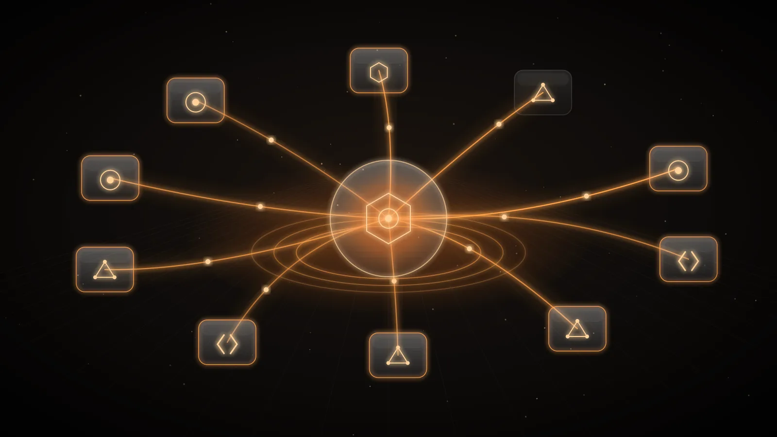 Glowing amber request paths radiating from a central hub node to surrounding provider nodes on a dark ground, representing one gateway over two cloud providers