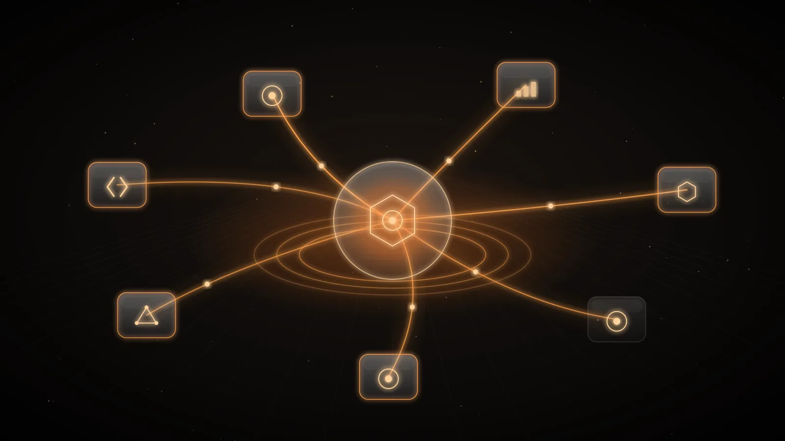 Glowing amber request paths radiating from a central hub node to surrounding provider nodes on a dark ground, representing AI traffic spread across regions
