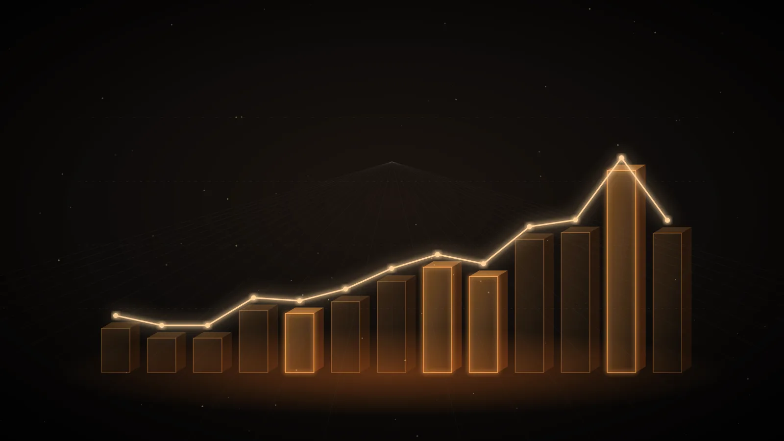Three amber glass bars of different heights on a dark ground, each split into thin bands, representing input, cached and output rates