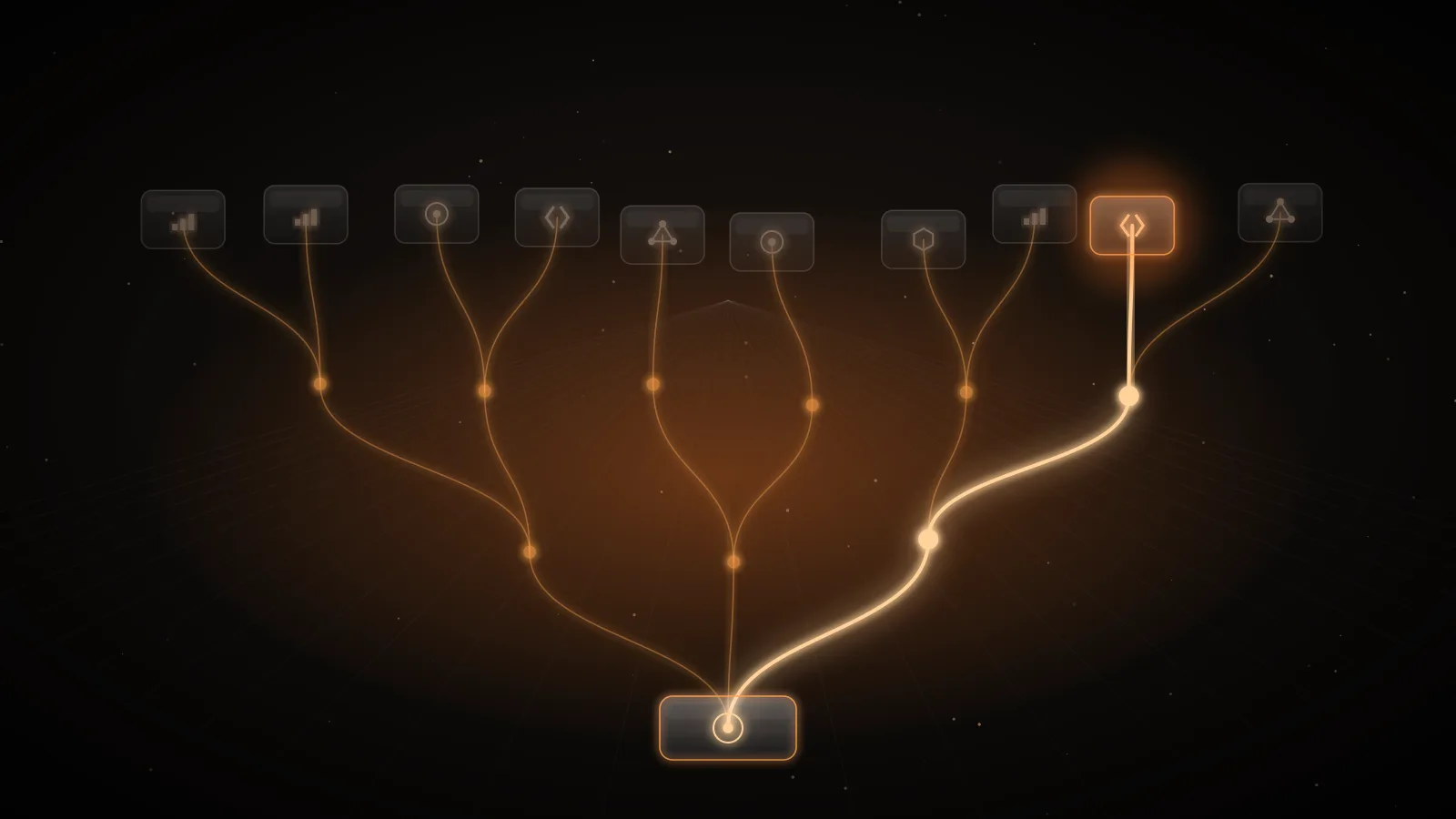 A layered decision tree glowing on a dark ground, one root branching through three levels of nodes with a single path lit amber from root to leaf