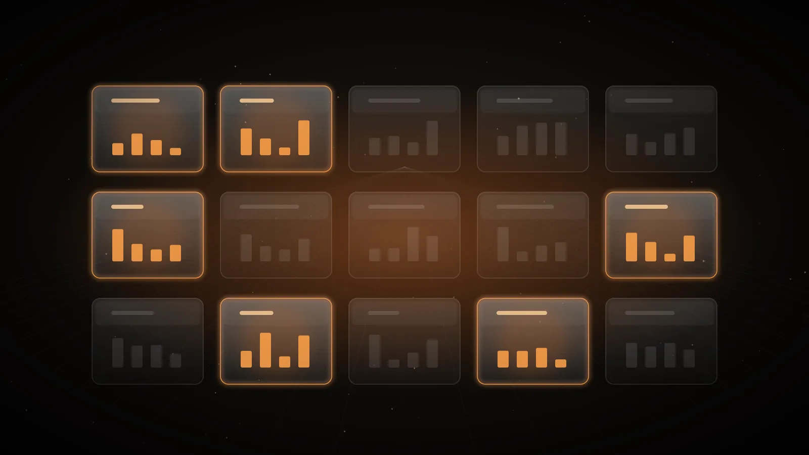 A five-by-three grid of glass tiles on a dark ground, each holding small bar charts, with a handful of tiles lit amber and the rest dim