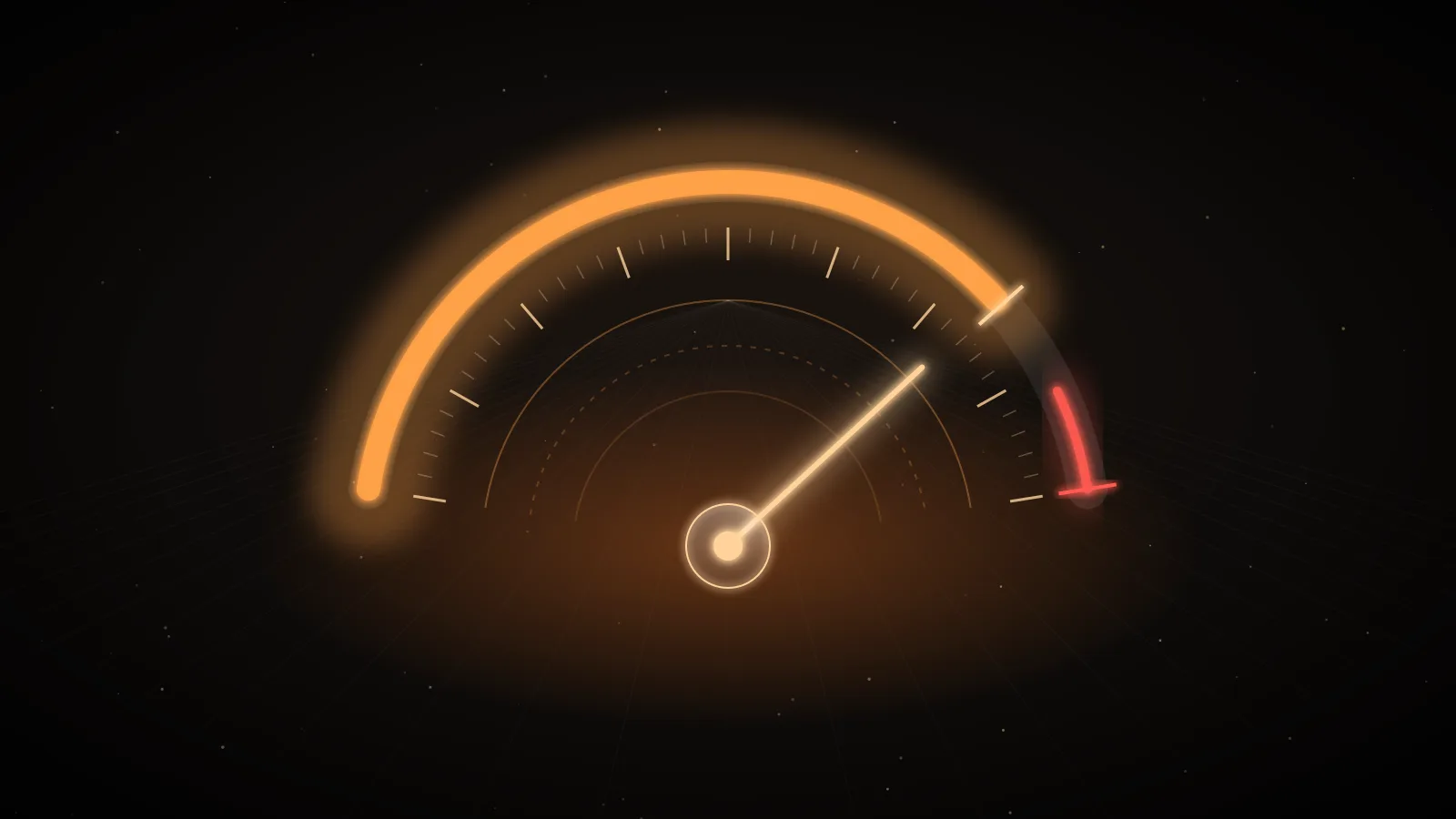 A glowing amber arc gauge on a dark ground with threshold ticks, a needle near the upper range and a red band at the far end