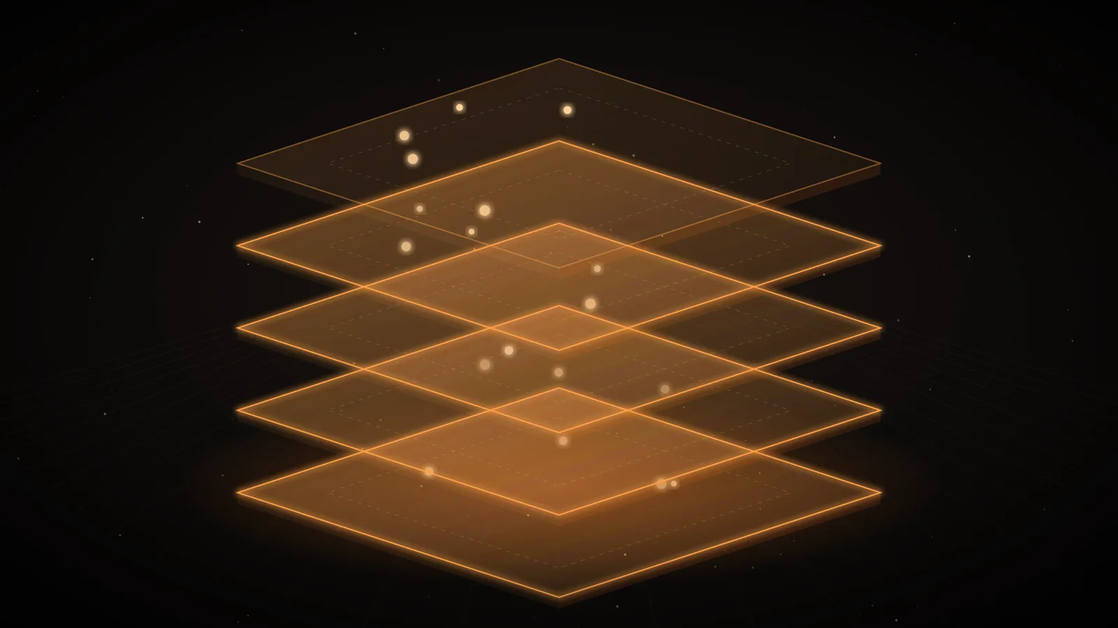 A stack of translucent amber glass layers on a dark ground with small points of light drifting through them