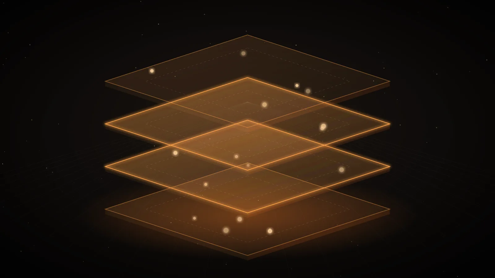 Stacked translucent isometric plates joined by glowing amber connectors on a dark ground, representing layered defenses against prompt injection