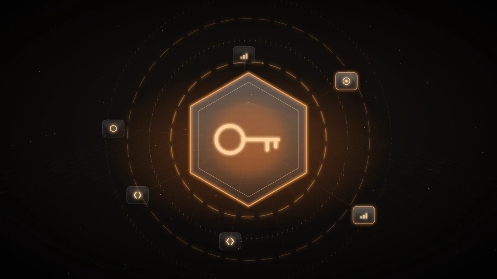 A hexagonal amber shield outline around a key mark inside concentric rings on a dark ground, representing least-privilege provider admin keys