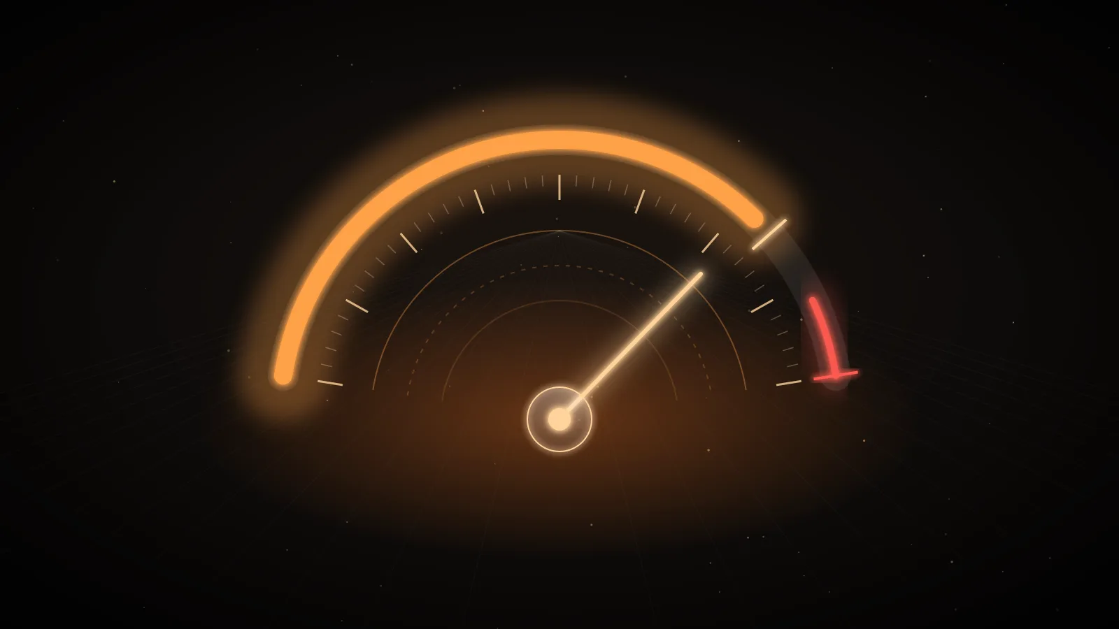 An amber glass gauge on a dark ground with its needle pushed into a red zone at the top of the scale